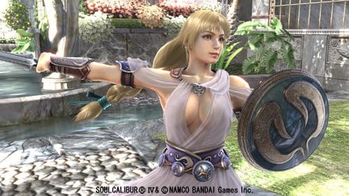 A female character in a fantasy setting, wielding a sword and shield. She has long blonde hair styled in a braid and is wearing a flowing, light-colored dress with embellishments. The lush greenery and serene water background enhance the vibrant atmosphere.