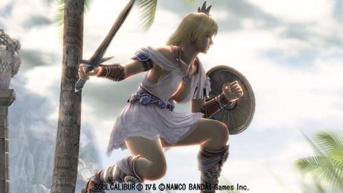 A character in medieval armor poses dynamically, wielding a sword and shield amidst a sunlit arena. Lush greenery and ancient ruins create a vivid fantasy backdrop, showcasing the character's readiness for battle.
