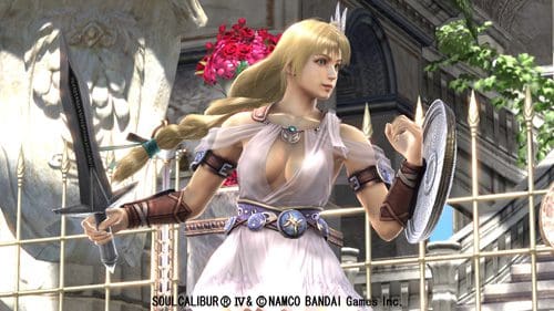 A female warrior from a video game, dressed in a flowing white gown with armor accents, stands confidently in a fighting stance, holding a sword in one hand and a shield in the other, set against a decorative outdoor backdrop.