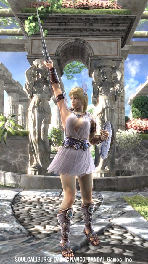 A female warrior in a light purple outfit poses confidently with a sword raised in one hand and a shield in the other. She stands on a stone pathway surrounded by classical statues and lush greenery, showcasing a vibrant fantasy environment.