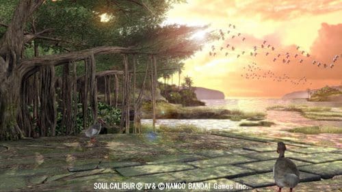 A serene landscape features lush green trees and a calm body of water. Ducks are visible near a wooden pathway, while a flock of birds flies across a colorful sunset sky, creating a tranquil atmosphere.