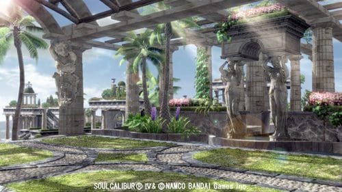 A well-designed outdoor courtyard featuring intricately patterned stone paths, surrounded by lush greenery and palm trees. Elegant statues stand beneath a wooden pergola, with vibrant flowers adding color to the serene scene.