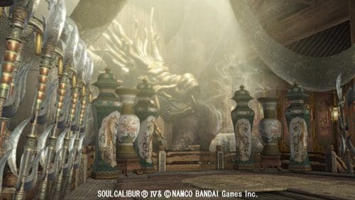An ornate interior space filled with intricately designed weapons and large decorative vases. Soft, golden light filters through the atmosphere, illuminating a large dragon sculpture in the background, creating a mystical ambiance.