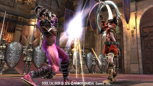 Two female characters engaged in combat in a richly designed fantasy arena. One character in a purple outfit is executing a powerful strike against another character holding a large, curved weapon. Armor-clad figures stand in the background.