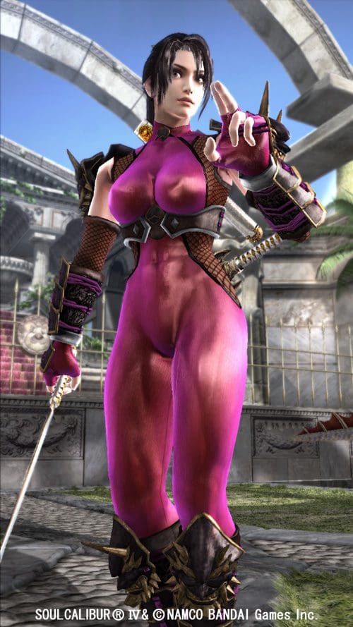 A female character wearing a form-fitting pink outfit, holding a sword, stands confidently in a vibrant outdoor arena. The background features classical architecture and greenery, enhancing the dynamic scene.