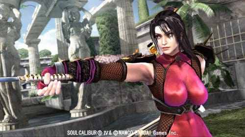 A female character in a striking pink outfit, holding a sword with a fierce expression. She stands in an ancient ruin setting surrounded by lush greenery, emphasizing her battle-ready stance.