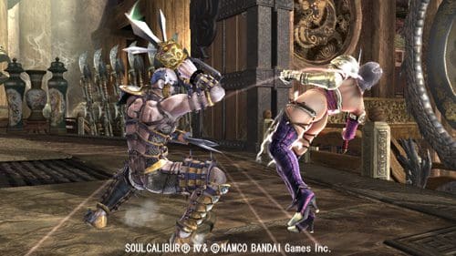 Two characters engaged in a dynamic fighting scene from a video game, with one wielding a sword and the other in a defensive pose. The background features intricate designs and weaponry, typical of a fantasy arena.