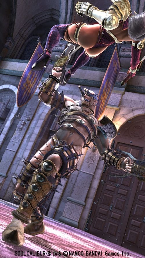 A scene from a fighting video game featuring two characters engaged in battle. One character, wearing armor and a helmet, is attempting to strike the other, who is mid-air, wielding shields and appears in a dynamic pose.