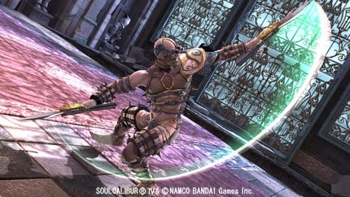 A character in intricate armor, wielding dual weapons, strikes a dynamic pose in a fantasy setting. The floor is a mix of colorful patterns, and ornate gates are visible in the background.