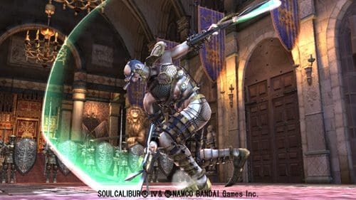 A muscular video game character in ornate armor is performing a dynamic action pose, wielding a sword and shield in a grand castle setting, with colorful banners and shields in the background.