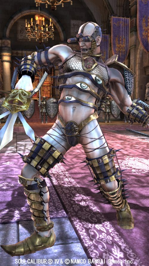A muscular video game character in elaborate armor, wielding a sword. He has an intricate outfit with metallic elements, eye motifs, and displays a confident stance on a colorful patterned floor in a grand interior.