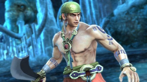 A muscular character with short hair wearing a green bandana, standing in a fantasy setting. He has tribal tattoos on his arms and a decorative necklace, holding a curved sword. Ice formations create a dramatic background.