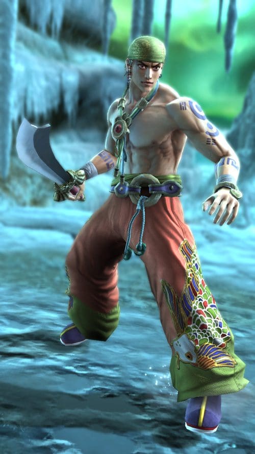 A muscular character stands confidently in a frozen landscape, wearing intricate, colorful pants and a green headscarf. He wields a curved sword and has an array of tattoos, surrounded by icy formations and a greenish glow in the background.