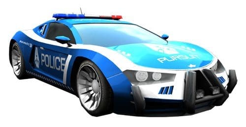 A futuristic blue and white police car with sleek curves and large wheels. The vehicle has flashing lights on top and features the word 'POLICE' on its body, set against a plain white background.