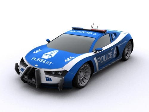 A stylized blue and white police pursuit car with a sleek design, featuring a light bar on top and the word 'POLICE' printed prominently on the side.