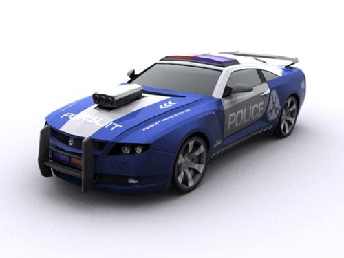 A stylized police car featuring a blue and white color scheme with bold 'POLICE' lettering on the side. The car has a prominent front grille, a spotlight above the windshield, and a police siren on the roof.