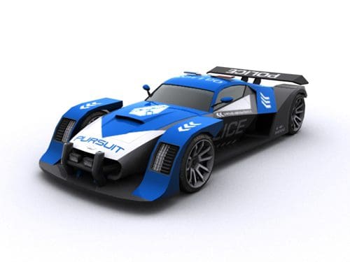 A sleek, blue and black racing car designed for pursuits, featuring a prominent police emblem on the hood and side. The car has distinct aerodynamic lines, large wheels, and a striking front end, positioned on a white background.