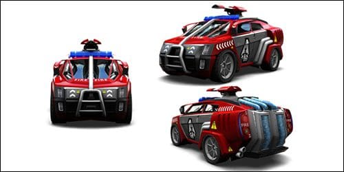 Three-dimensional illustration of a futuristic red emergency vehicle, featuring a blue light bar on the roof, unique design elements, and visible hoses on the rear. The vehicle showcases a blend of sleek lines and bold colors.