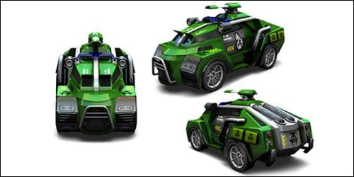 Three views of a stylized green armored vehicle with intricate details, featuring a distinctive design with multiple weapon attachments and hazard symbols. It has a sleek, futuristic look with oversized wheels.