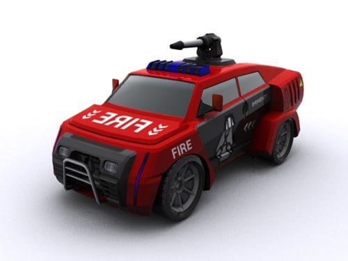 A 3D-rendered red fire truck featuring a mounted water cannon and blue lights on the roof. The vehicle has bold ‘FIRE’ lettering and a sleek, modern design, set against a neutral background.