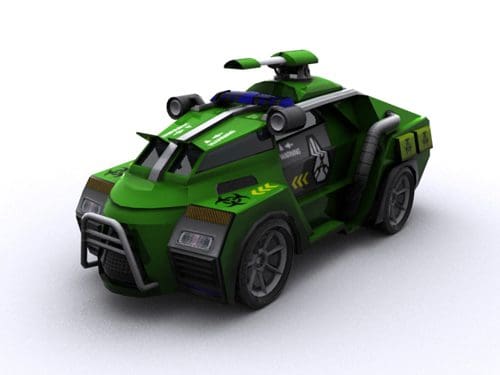 A green, futuristic-looking armored vehicle designed for tactical operations. It features a sloped front, multiple lights on the roof, and a prominent grille. The sides show various decals and an exhaust pipe. The vehicle is set against a white background.