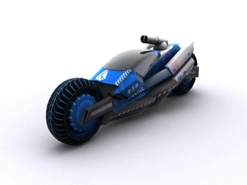 A futuristic motorcycle with a sleek blue design and aerodynamic shape, featuring a prominent exhaust pipe and unique tire treads. The bike is displayed on a white background, highlighting its modern aesthetics and advanced features.