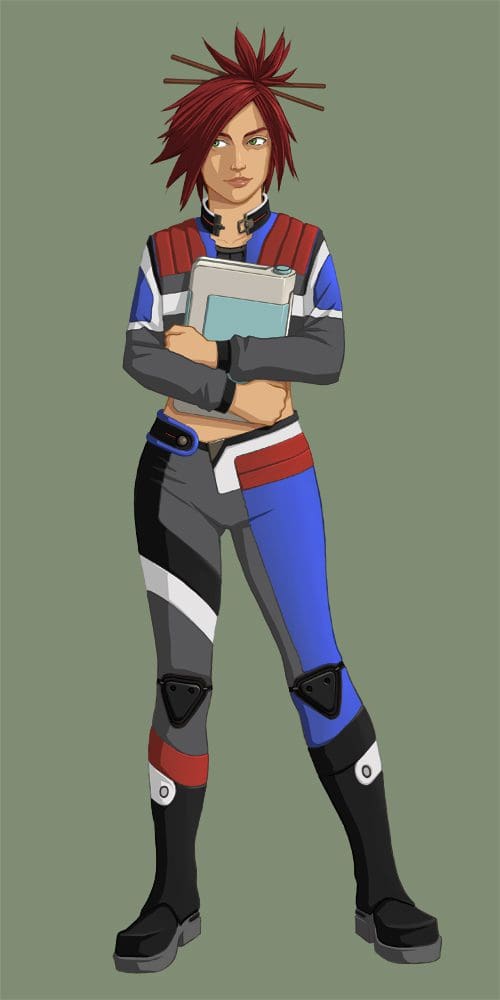 A confident young woman stands with her arms crossed, wearing a form-fitting jumpsuit with red, blue, and black accents. She has spiky red hair and holds a stack of books, set against a solid green background.