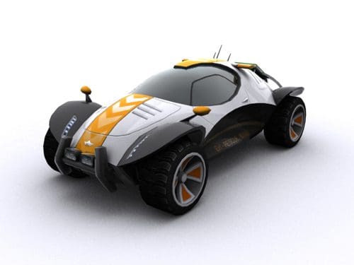 A sleek, futuristic off-road vehicle with a streamlined design. The car features a combination of black and white bodywork, highlighted with orange accents and sporty wheels. Its smooth curves and bold colors give it a dynamic and modern look.