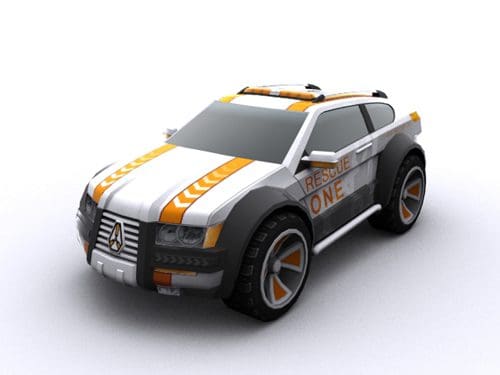 A 3D-rendered rescue vehicle designed for emergency situations, featuring a predominantly gray and white exterior with orange racing stripes and the text "RESCUE ONE" on the side. The vehicle has oversized wheels and a sporty appearance.