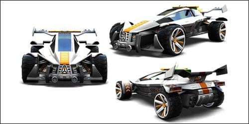 A stylized toy car design showcased from multiple angles, highlighting its sleek body, oversized wheels, and vibrant color accents of white, orange, and black against a plain background.