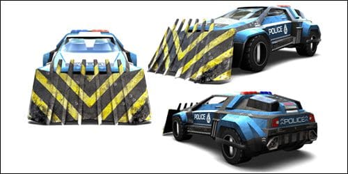 A blue and black police vehicle featuring a distinctive front plow with yellow and black hazard stripes. The vehicle is shown from multiple angles, highlighting its rugged design and police insignia, with lights on top.