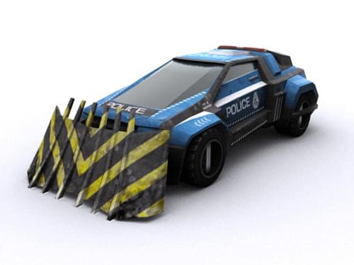 A stylized police vehicle with a blue and black color scheme, featuring a prominent front-mounted plow with yellow and black stripes. The car has a sleek design and police insignia on the sides.