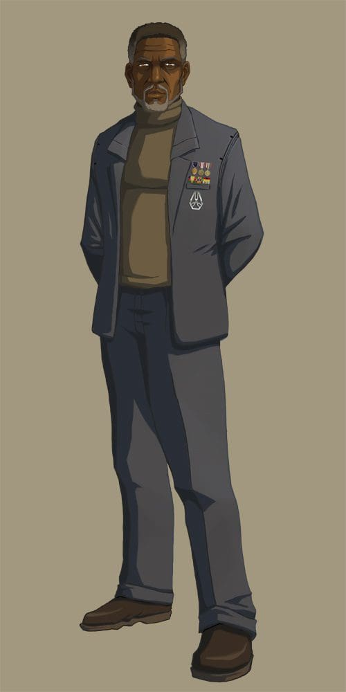 An animated character depicted as an older man with gray hair and a beard, wearing a blue military jacket adorned with medals, standing upright with hands clasped in front. His outfit is complemented by a brown shirt and trousers.