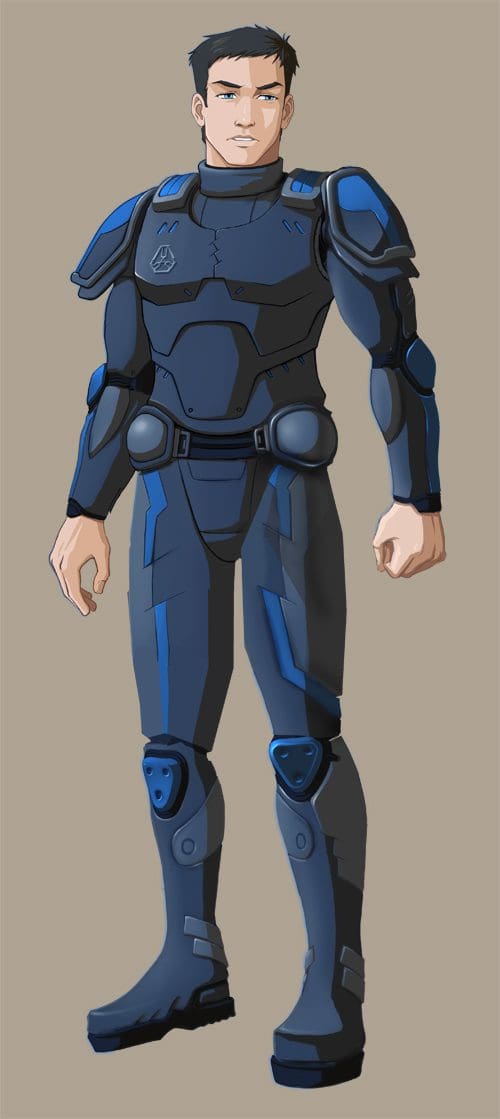 An animated character wearing a sleek black and blue armored suit, standing confidently with a neutral expression. The suit features protective padding on the shoulders, knees, and arms, highlighting a futuristic design. The background is a simple beige.