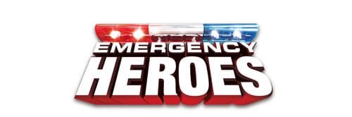The logo for "Emergency Heroes" features bold red and white letters with illuminated blue and red siren lights on top, symbolizing the presence of emergency services.