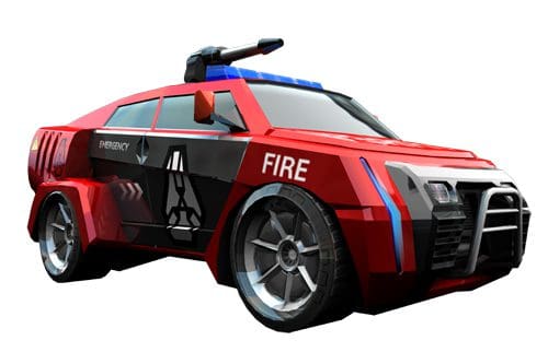 A red fire emergency vehicle with a modern design, featuring a blue light on the roof and bold black accents. The side displays the word 'FIRE' in white letters. The vehicle has oversized wheels and a sporty look, set against a white background.