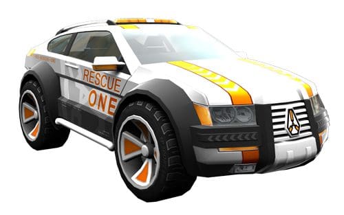 A stylized rescue vehicle designed for emergency situations, featuring a sleek, white body with orange and gray accents. The words "RESCUE ONE" are prominently displayed on the side, complemented by oversized wheels for off-road capabilities.
