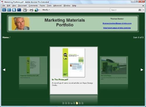 A digital marketing portfolio displaying the title 'Marketing Materials Portfolio' on a green background. The page shows a preview of a document titled 'In The Press.pdf' with highlights on Aqua Energy Drinks. A header includes a photo of a man and links to contact information.