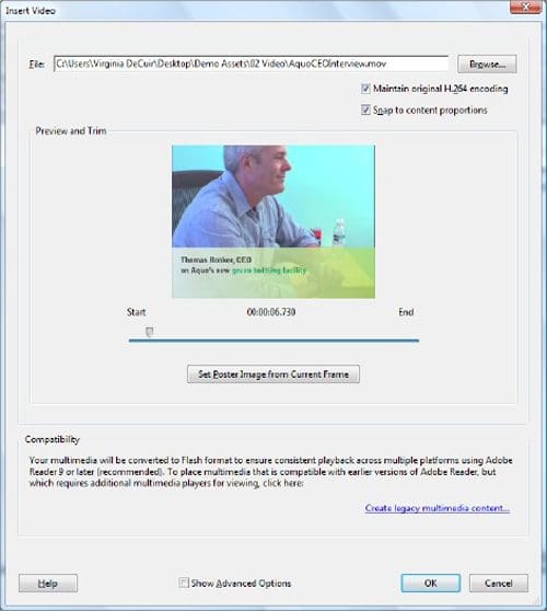 A computer window displaying video settings for inserting a video file, featuring a preview area on the right with a still image of a man speaking, controls for trimming the video length, and options for encoding.