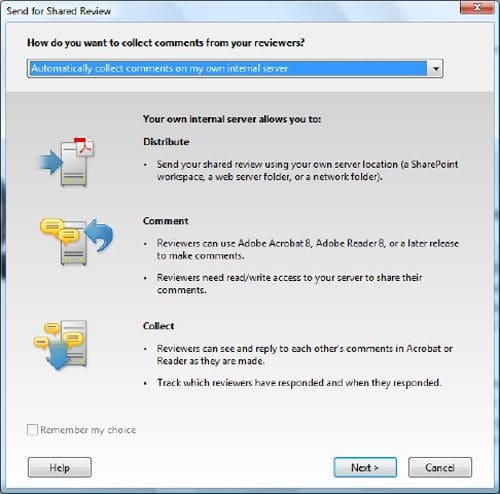 A user interface for setting up shared review options, featuring three sections: 'Distribute,' 'Comment,' and 'Collect.' Each section includes icons and brief descriptions of functions related to using an internal server for collecting reviewer comments.