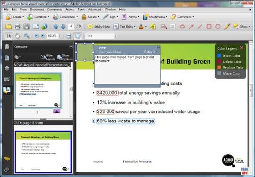 An open PDF document showing a financial presentation titled 'Advantages of Building Green.' Key statistics include annual savings of $420,000 in energy costs, a 12% increase in building value, and $250,000 saved yearly from reduced water usage.