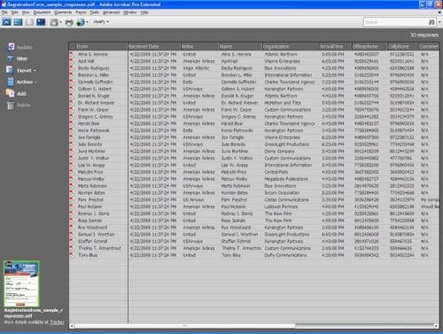 A screenshot of a computer program displaying a table with multiple entries. Each row contains details such as name, date, title, organization, and contact information, arranged in a clean interface with various menu options visible.