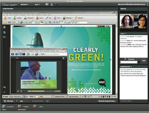 A screenshot of a virtual conference platform displaying participants. On the left side, a speaker, Thomas Beers, is speaking, while the right side features a bright green slide with "CLEARLY GREEN!" text. A chat panel is visible, showcasing participant interactions.