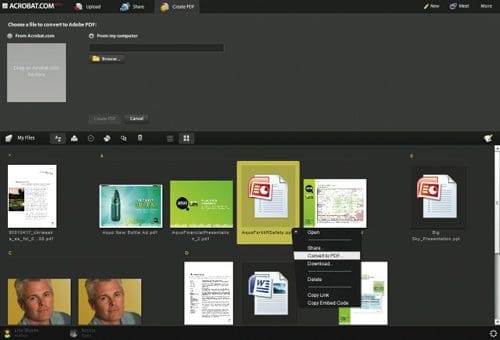 A computer screen showing the Adobe Acrobat online interface. The layout includes file upload options, a file directory with various documents, and icons for file operations such as 'Download' and 'Open as PDF'.
