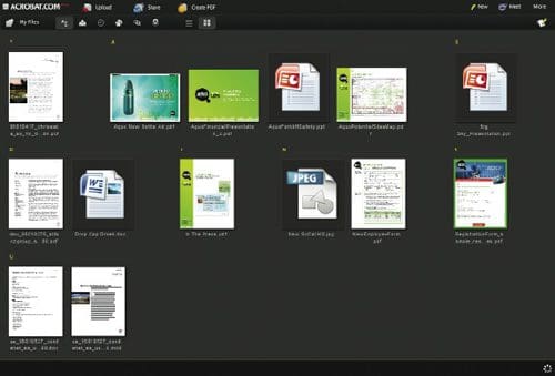 A digital file management interface displaying various documents and images, including PDFs and JPEGs. The files are organized in a grid layout, highlighted by icons representing different file types.