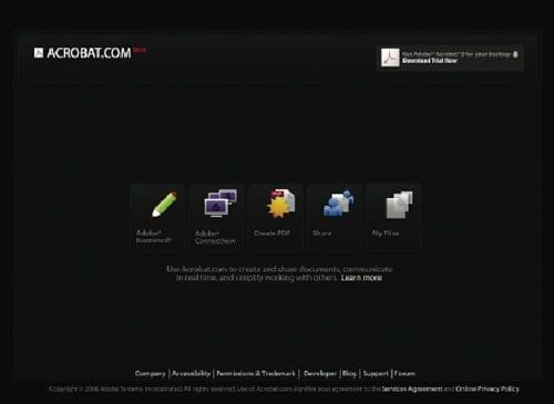 Screenshot of the Acrobat.com homepage featuring a black background. Icons for Adobe products are displayed, including 'Adobe Buzzword,' 'Adobe ConnectNow,' 'Create PDF,' 'Share,' and 'My Files.' A download button is visible at the top right.