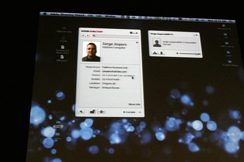 A computer screen displaying a user profile for Serge Jespers, including details such as department, phone, email, and location, alongside a contact panel with a profile image and status.