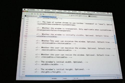 A close-up view of a code editor displaying HTML comments regarding window attributes such as visibility, minimization, maximization, and dimensions. The screen shows various lines of code with syntax highlighting.