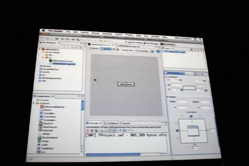A computer screen displaying a graphic design software interface, featuring a blank project workspace and various tool panels on the left and right sides. The bottom shows project file details with a status message.