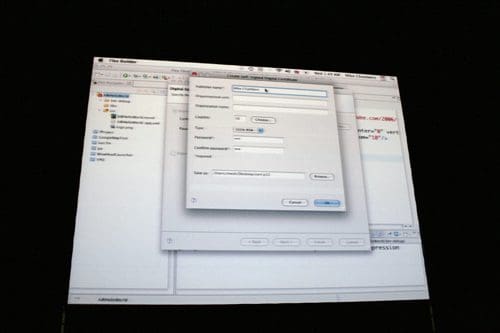 A computer screen displaying a software application window, featuring fields for information entry, such as 'Name' and 'Description'. A menu is visible on the left side, with various options listed.